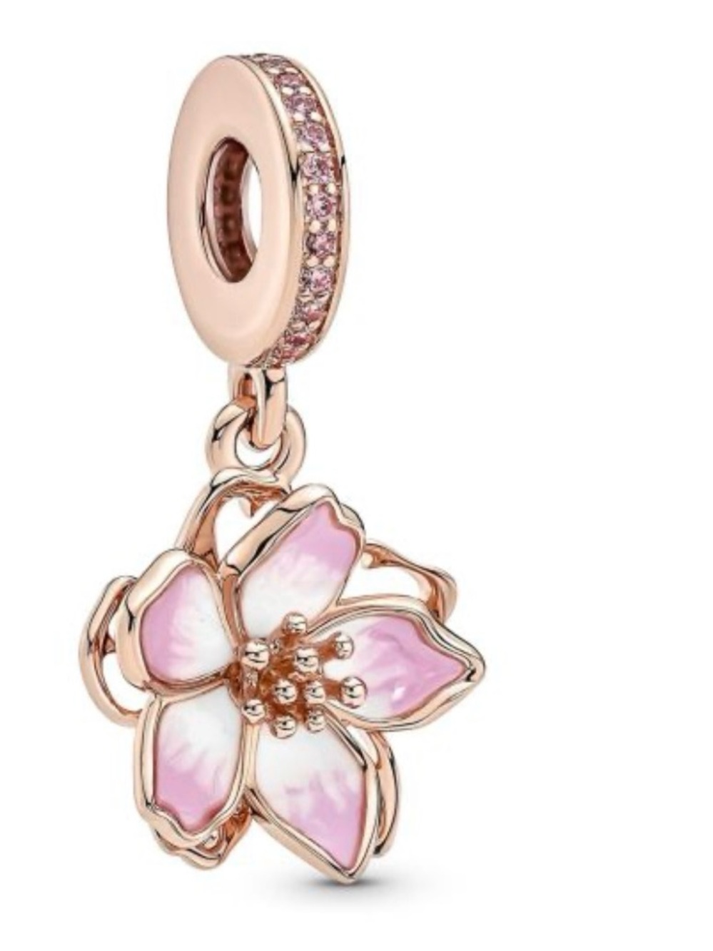 Pandora Rose Gold Cherry Blossom Dangle Charm with Pink Enamel